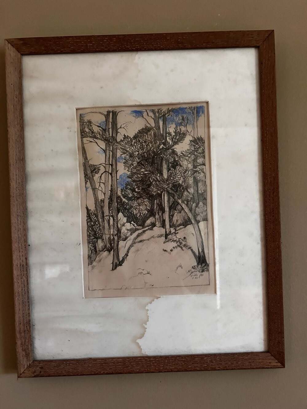 Vicki Fox Original Wooded Forest Landscape Sketch Framed Art 2.86